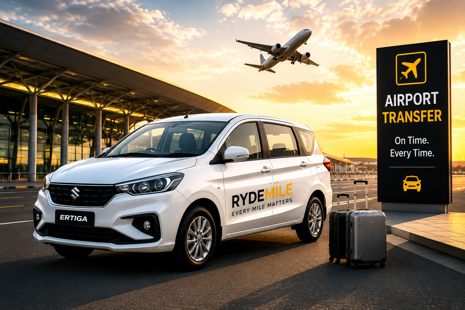 Premium RydeMile airport transfer cab serving terminal checkpoints